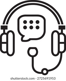 Ícone de headset com símbolo de balão de bate-papo. Representa o atendimento ao cliente, a comunicação, o suporte online e o assistente virtual.
