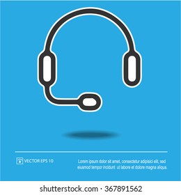 Headset icon on blue background.  Headphones with microphone symbol. Isolated black and white vector illustration EPS 10.