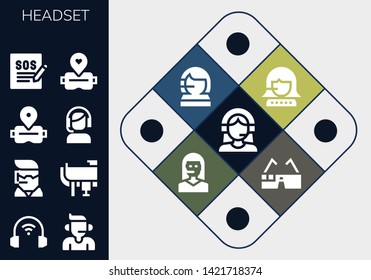 headset icon set. 13 filled headset icons.  Collection Of - Customer support, Headphones, Call center, Saddle, Virtual reality, Customer service, Support, Teleoperator, Virtual glasses
