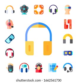 headset icon set. 17 flat headset icons. Included headphones, customer service, goggles, earphones, virtual reality, exoskeleton, ar camera, support icons