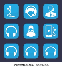 Headset icon. set of 9 filled headset icons such as customer support, headset, operator, phone and earphones, earphones, help support