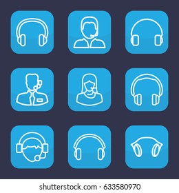 Headset icon. set of 9 outline headset icons such as customer support, headset, operator, earphones, support, help support