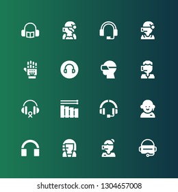 headset icon set. Collection of 16 filled headset icons included Virtual reality, Call center, Headphones, Customer service, Vibraphone, Vr glasses, Headphone, Exoskeleton