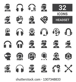headset icon set. Collection of 32 filled headset icons included Earbuds, Headphone, Call center, Headphones, Virtual reality, Phone operator, Vr glasses, Headset, Telemarketing