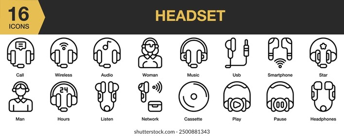 Headset icon set. Includes audio, network, star, usb, listen, smartphone, and More. Outline icons vector collection.