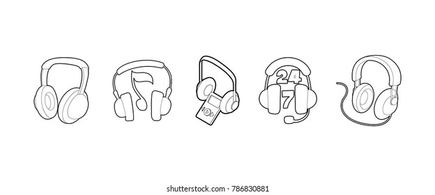 Headset icon set. Outline set of headset vector icons for web design isolated on white background