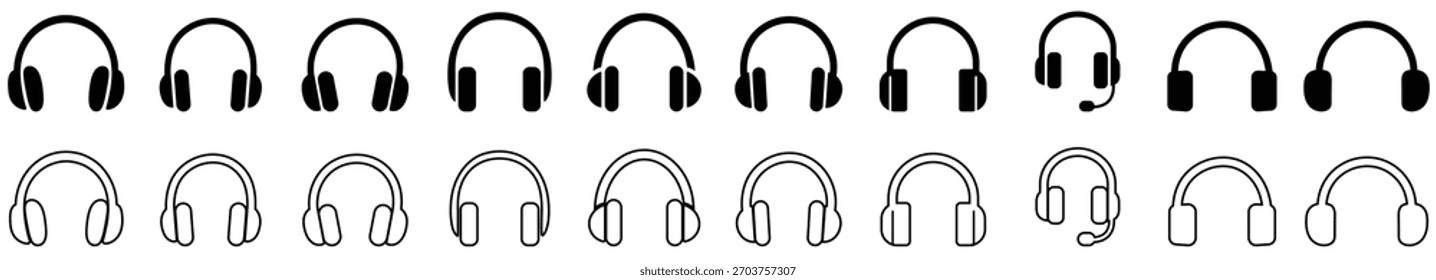Headset icon set showing multiple headphone and mic headset styles in solid and outline designs with clean shapes.