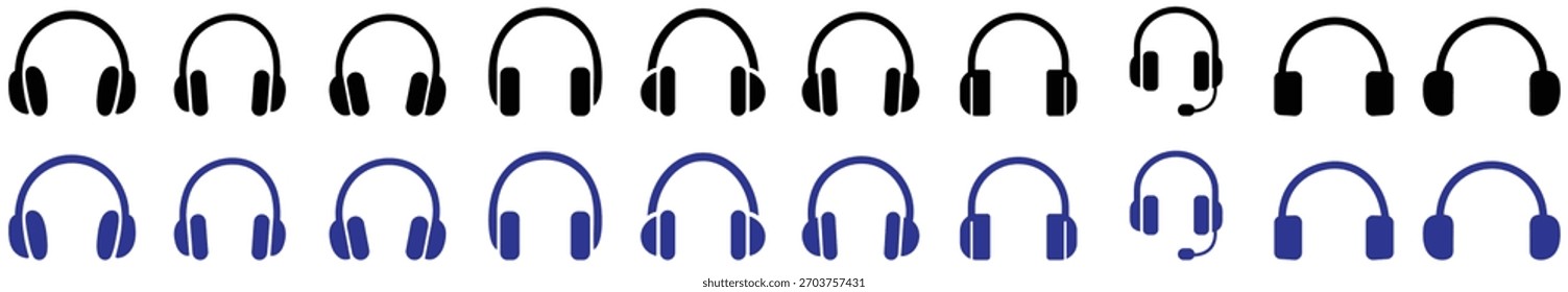 Headset icon set showing multiple headphone and mic headset styles in solid and outline designs with clean audio shapes.