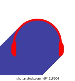 Headset icon. Vector. Red flat style icon with dark blue long shadow on white background.