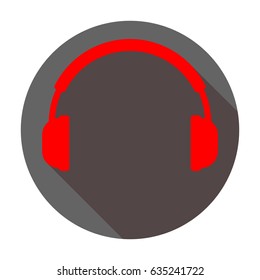 Headset icon. Vector. Red icon with reddish shadow on dark gray circle at white background. Isolated.