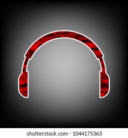 Headset icon. Vector. Icon with white contour and texture from red rectangles at grayish background.