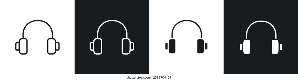 Headset icons collection in black and white filled and line versions