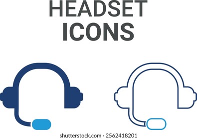 Headset icons. Containing speak, phone, mail, contact, chat, website, satellite, radio, antenna, message and more. Solid icons collection, vector illustration.