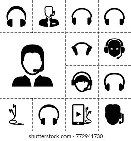 Headset icons. set of 13 editable filled headset icons such as support, headphones, headset, operator, phone and earphones, earphones