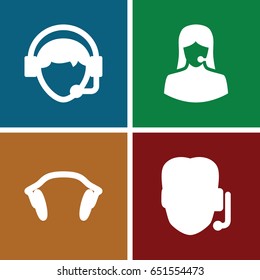 Headset icons set. set of 4 headset filled icons such as customer support, operator, earphones
