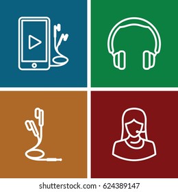 Headset icons set. set of 4 headset outline icons such as customer support, phone and earphones, earphones