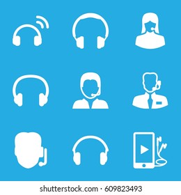 Headset icons set. set of 9 headset filled icons such as customer support, phone and earphones, earphones, support, headset, help support