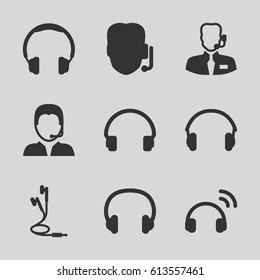 Headset icons set. set of 9 headset filled icons such as headset, earphones, support, help support