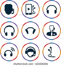 Headset icons set. set of 9 headset filled icons such as operator, phone and earphones, earphones, help support, headset, headphones