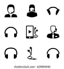 Headset icons set. set of 9 headset filled icons such as customer support, headset, phone and earphones, earphones, support