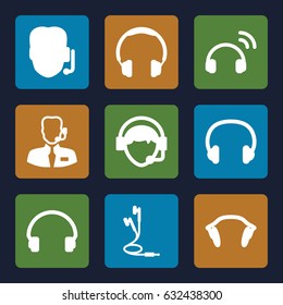 Headset icons set. set of 9 headset filled icons such as headset, operator, earphones, help support, headphones