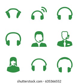 Headset icons set. set of 9 headset filled icons such as customer support, headset, earphones, support, help support
