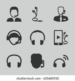 Headset icons set. set of 9 headset filled icons such as operator, phone and earphones, earphones, support, headset, help support