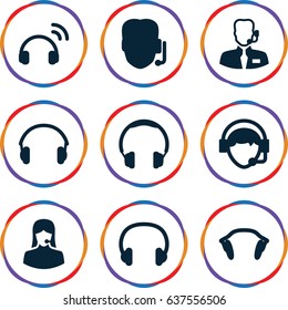 Headset icons set. set of 9 headset filled icons such as customer support, operator, earphones, headset, help support, headphones