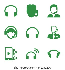 Headset icons set. set of 9 headset filled icons such as headset, operator, phone and earphones, earphones, support