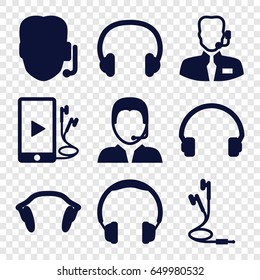 Headset icons set. set of 9 headset filled icons such as headset, phone and earphones, earphones, support, help support