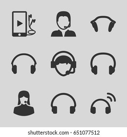 Headset icons set. set of 9 headset filled icons such as customer support, headset, operator, phone and earphones, earphones
