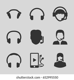 Headset icons set. set of 9 headset filled icons such as customer support, headset, operator, phone and earphones, earphones, support