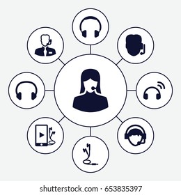 Headset icons set. set of 9 headset filled icons such as customer support, operator, phone and earphones, earphones, headset, help support, headphones