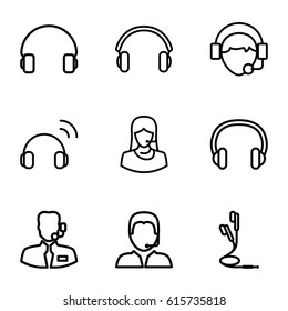 Headset icons set. set of 9 headset outline icons such as customer support, headset, operator, earphones, support