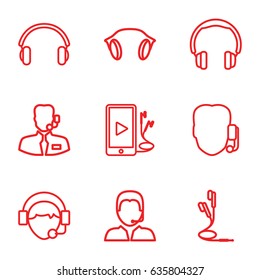 Headset icons set. set of 9 headset outline icons such as operator, phone and earphones, earphones, support, help support