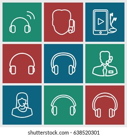 Headset icons set. set of 9 headset outline icons such as customer support, headset, phone and earphones, earphones, help support, support