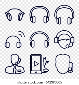 Headset icons set. set of 9 headset outline icons such as operator, phone and earphones, earphones, headset, help support, support