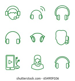 Headset icons set. set of 9 headset outline icons such as customer support, headset, operator, phone and earphones, earphones, support