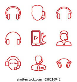 Headset icons set. set of 9 headset outline icons such as headset, operator, phone and earphones, earphones, support