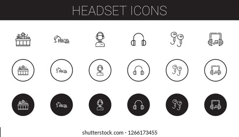 headset icons set. Collection of headset with receptionist, earphone, customer service, headphones, earphones. Editable and scalable headset icons.