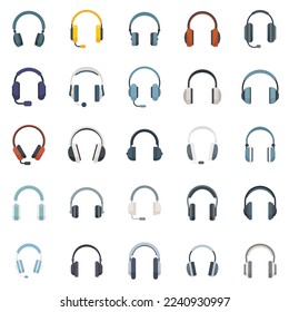 Headset icons set flat vector. Audio accessory. Cable cord headset isolated