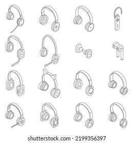 Headset icons set. Isometric set of headset vector icons outline thin lne isolated on white