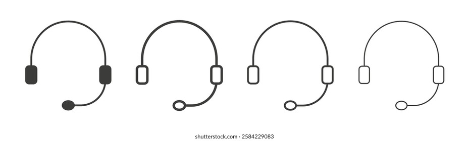 Headset icons set. Liner outlined and flat black color