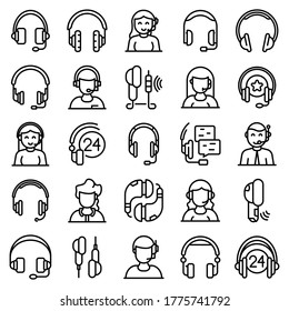 Headset icons set. Outline set of headset vector icons for web design isolated on white background