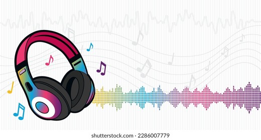 Headset illustration with colorful music notes in white background