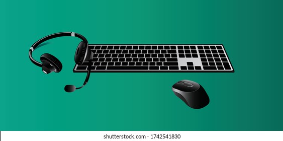 headset, keyboard and mouse vector illustration isolated gradient background