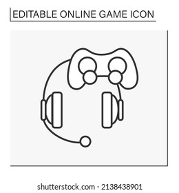  Headset line icon. Headphones with microphone and joystick. Technical equipment for playing games. Cybersport. Online game concept. Isolated vector illustration.Editable stroke