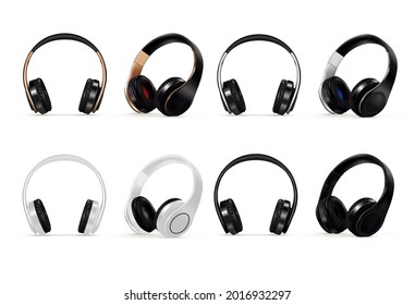 Headset To Listen Music Sound Or Speaker Headphones Set. Realistic Stereo Wireless Head Earphones Audio Device, Portable Studio Equipment Vector Illustration Isolated On White Background