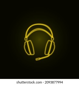 Headset for listening to music with a neon yellow effect on a dark background. Vector illustration of neon objects in outline style. For window dressing of retail outlets