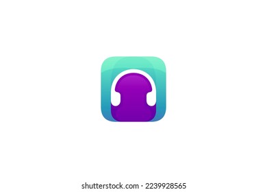 Logo de auriculares en diseño de caja con degradado de color púrpura y verde